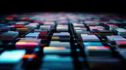 Fototapeta premium Abstract network grid with files and folders, futuristic software interface, digital document management system, store, search and organize documents, corporate business, paperless office 