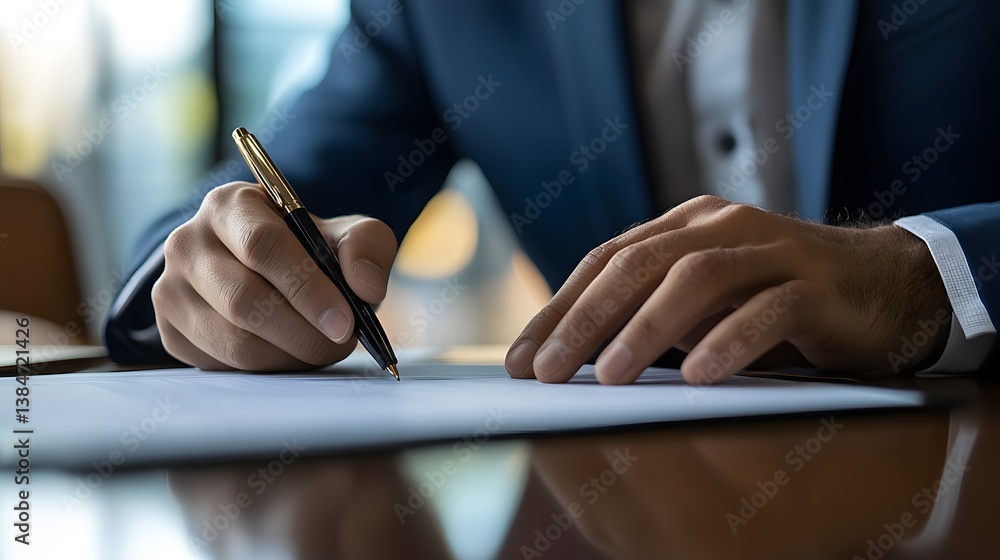 Poster businessman signing document with pen on table in modern office setup