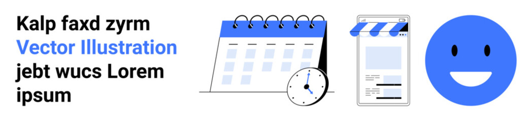 Calendar with clock, smartphone shopping interface, and blue happy face signify time management, online shopping, scheduling, satisfaction, and usability. Ideal for productivity, retail planning