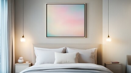 A serene bedroom wall with a centered square frame featuring soft pastel abstract art perfectly complementing the neutral bedding and furniture