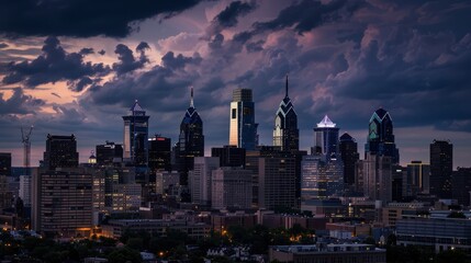 Naklejka premium Urban skyline of Philadelphia at dusk with dramatic clouds and light