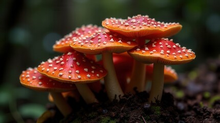 Obraz premium Enchanting red fly agaric mushrooms growing in forest floor