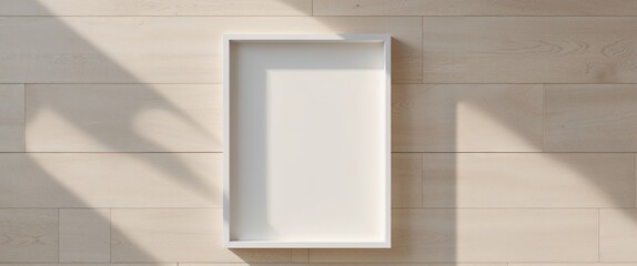 blank wooden frame mockup on light beige parquet floor with shadows
