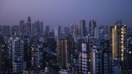 Naklejka premium Urban Skyline at Twilight Overlooking Cityscape with Modern Towers