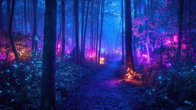 Enchanting forest path at night, mystical lights