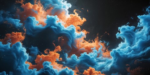 A black background with blue and orange swirls.