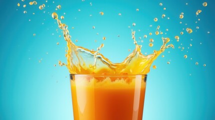 Energetic orange juice splash in glass against turquoise background