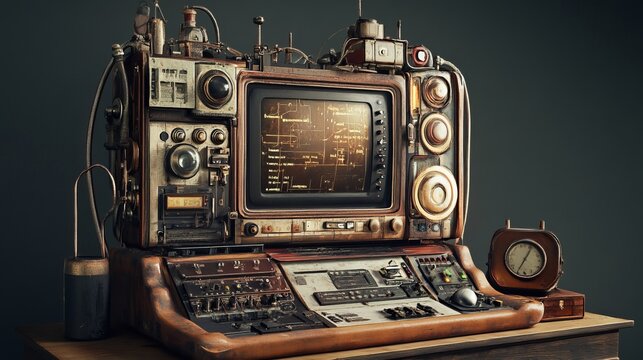 A complex steampunk machine with a screen and various knobs and dials on a wooden table