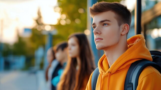 Thoughtful Youth Waiting at a Bus Stop