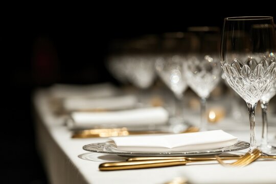close-up of elegantly set dining table with crystal glassware and white napkins at gala dinner
