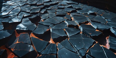 Obraz premium Dark cracked stone tiles with strong contrast and deep shadows in a geometric layout
