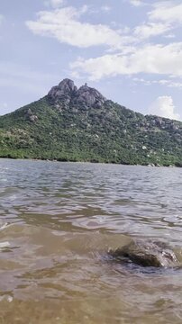 View of the surrounding area of Indian temple from the mountain in Karnataka 