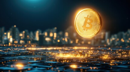 Fototapeta premium Cryptocurrency Golden Bitcoin Hovers Over Glowing Cityscape at Night