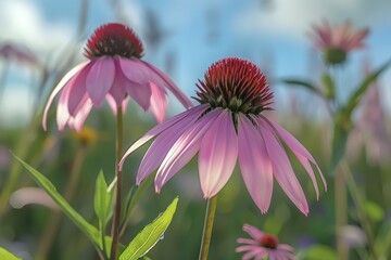 Fototapeta premium Beautiful purple coneflowers in a sunny meadow during late spring