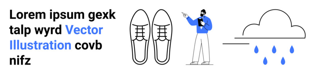 Man holding clipboard gestures toward raining cloud, flanked by stylized outlined shoes and placeholder text. Ideal for weather reports, fashion, analysis, packaging, outdoor gear, design templates