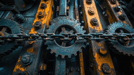 Rusty Gears and Chains in Industrial Machine, Close-Up View of Mechanical Components in Vintage Equipment