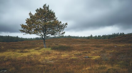 Fototapeta premium Lone tree autumn moorland, cloudy sky, nature scene, peaceful landscape