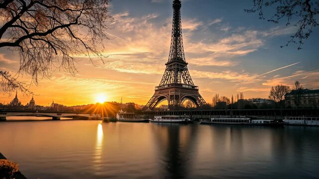 Sunrise over Parisian landmark, river reflections