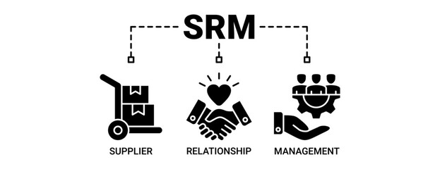 Srm banner web icon vector illustration concept of supplier relationship management with icons solid black color symbol background.