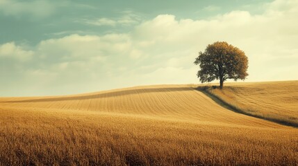 Lone tree, golden field, cloudy sky, rural landscape, serenity