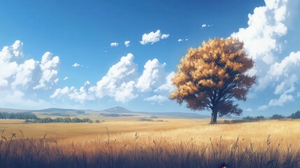 Obraz premium Lone tree in golden field, sunny sky, hills background, idyllic landscape