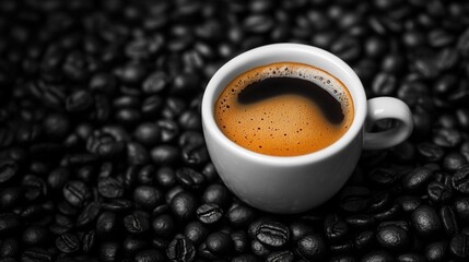 Obraz premium Espresso in a white cup surrounded by coffee beans (2)
