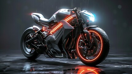 Luxury expensive sports bike parked on dark background. Modern luxury design sports motor bike.
