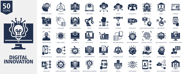 Fototapeta premium Digital Innovation Icon Set glyph Style with artificial intelligence, blockchain, cloud computing, cyber security, iot, big data, virtual reality, smart cities, fintech and e commerce 
