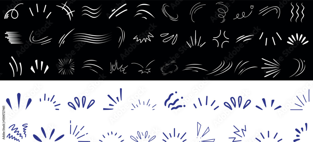Wall mural line sparkle and motion element set featuring dynamic comic style strokes, action lines, speed effec