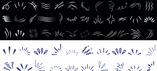 Line sparkle and motion element set featuring dynamic comic style strokes, action lines, speed effects, and abstract bursts. Ideal for manga, pop art, and energetic graphic design projects