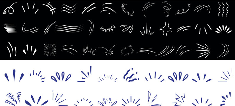 Line sparkle and motion element set featuring dynamic comic style strokes, action lines, speed effects, and abstract bursts. Ideal for manga, pop art, and energetic graphic design projects
