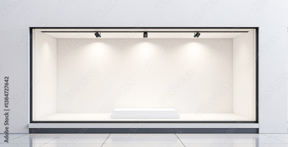 Poster empty store display window with white pedestal and spotlights, minimalist modern architecture style,