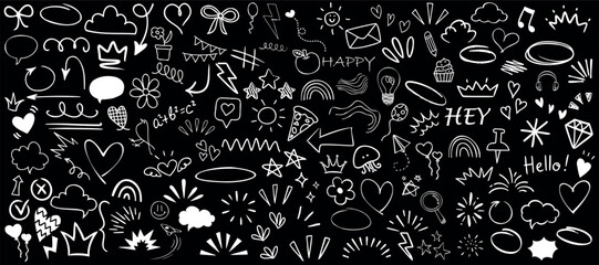 Playful doodle elements on a black background, featuring hearts, stars, and speech bubbles. Perfect for creative projects, this vector illustration adds a whimsical touch to designs