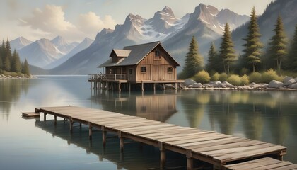 Naklejka premium A picturesque landscape painting features a tranquil lake, majestic mountains, and a rustic boathouse, rendered in soft