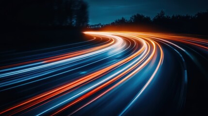 Obraz premium Night road, light trails, speed, motion blur, transportation.