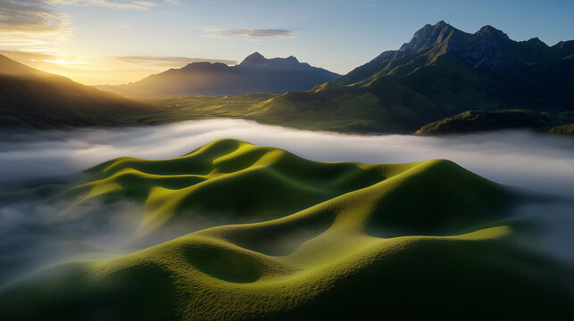 Dramatic Sunrise Over Rolling Mist-Covered Hills and Mountain Peaks