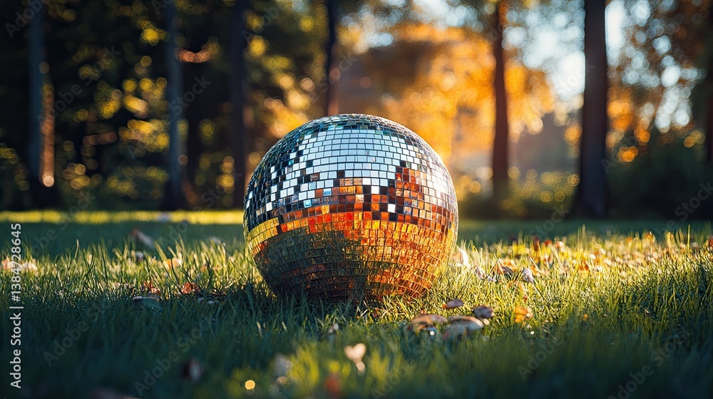 Poster reflective disco ball resting on grass, creating a unique contrast between nature and party-themed a