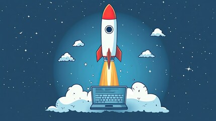 Fototapeta premium Rocket Launch from Laptop â€“ Business Startup and Growth Concept
