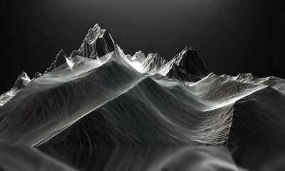 Abstract mountain range with wireframe mesh, black and white landscape background - Powered by Adobe