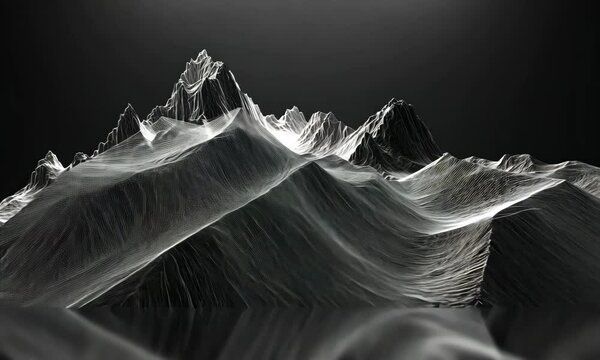 Abstract mountain range with wireframe mesh, black and white landscape background