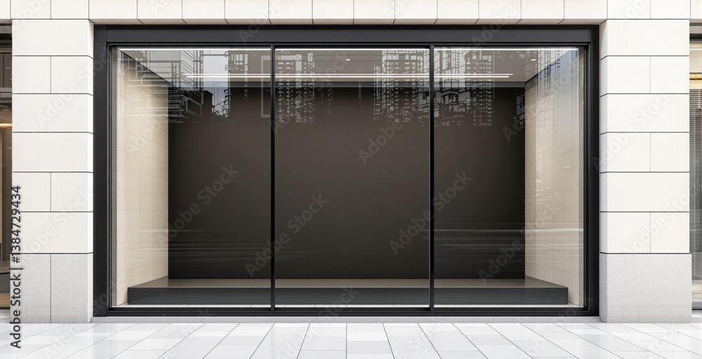 Poster empty storefront window with clean architecture, modern design style, white tile exterior background
