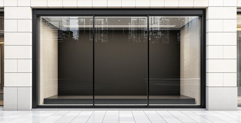 Empty storefront window with clean architecture, modern design style, white tile exterior background. Concept of blank space for mockup or template. Ai generative