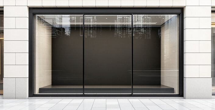 Empty storefront window with clean architecture, modern design style, white tile exterior background. Concept of blank space for mockup or template. Ai generative