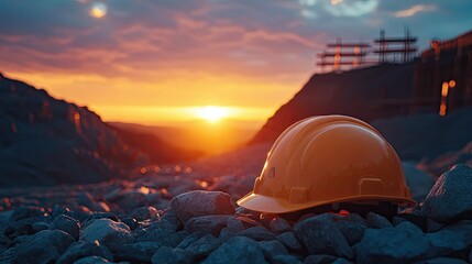 Safety helmet placed on construction site rocks at sunset, representing worker protection and industrial safety 