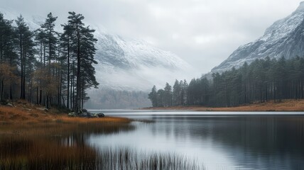 Fototapeta premium Misty lake, autumnal trees, snow-capped mountains, calm water, landscape photography