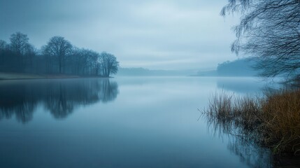 Fototapeta premium Misty lake dawn reflection, tranquil trees, winter calm, serene landscape, nature poster