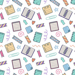Seamless pattern with hand drawn doodle notebooks, notes, papers, tapes, staple. Cute kids back to school background. Vector illustration