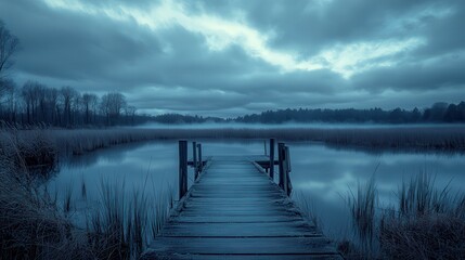 Obraz premium Misty lake pier, serene dawn, tranquil water, peaceful landscape, nature backdrop