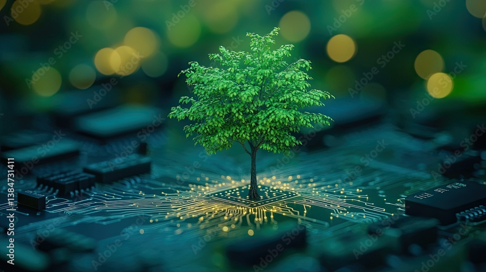Poster small tree growing on a computer circuit board, symbolizing the fusion of nature and digital technol