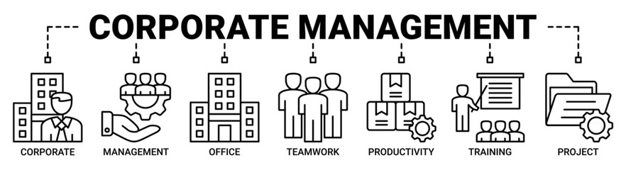Corporate management banner web icon vector illustration concept with icon of corporate, management, office, teamwork, productivity, training, and project icons outline symbol background.